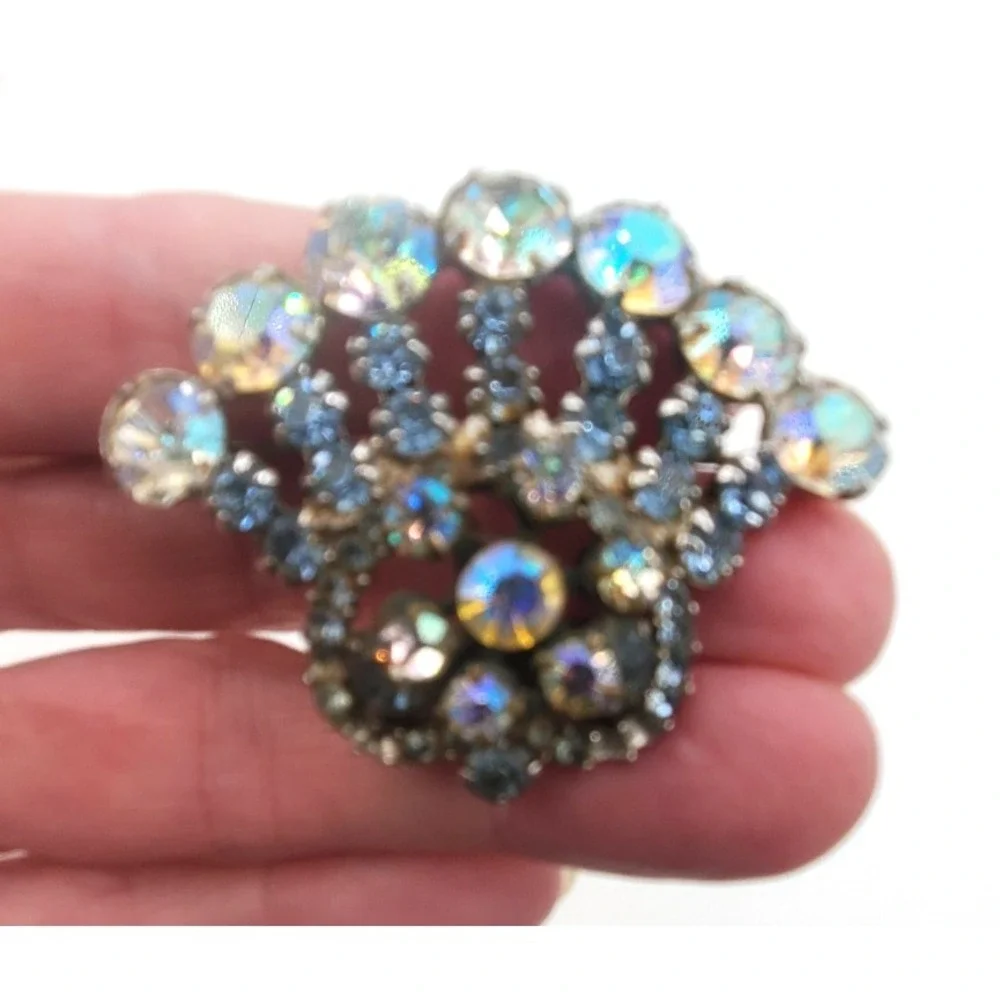 Vintage Pot Metal Fan Brooch AB Rhinestones Blue Crystal Silver Tone Pin